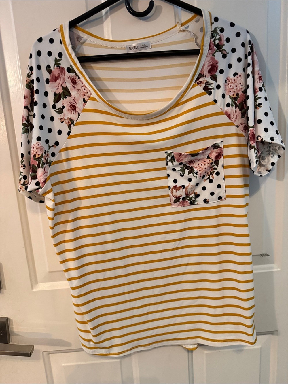Doublju Yellow and White Striped Raglan Top with Floral Pocket